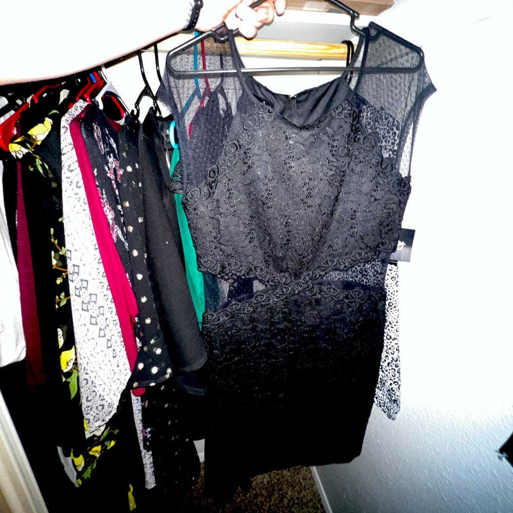 Chic black dress, sheer shoulders